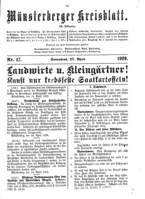 Münsterberger Kreisblatt vom 27.04.1929