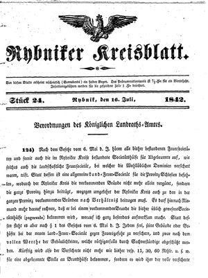 Rybniker Kreisblatt vom 16.07.1842