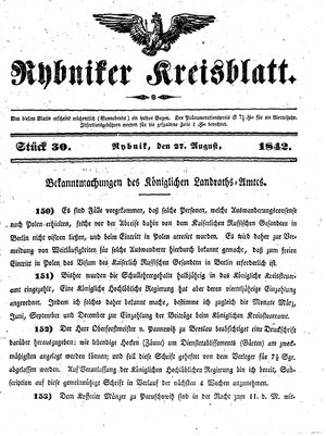 Rybniker Kreisblatt vom 27.08.1842