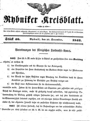 Rybniker Kreisblatt vom 17.12.1842