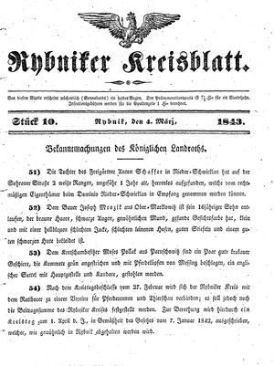Rybniker Kreisblatt vom 04.03.1843