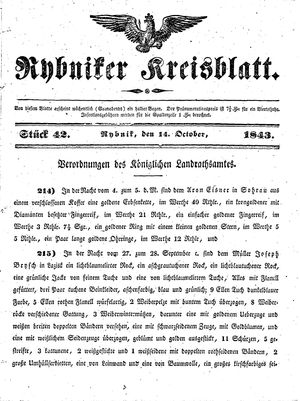 Rybniker Kreisblatt vom 14.10.1843