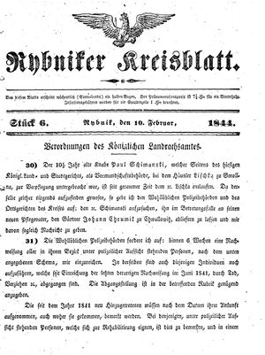 Rybniker Kreisblatt vom 10.02.1844