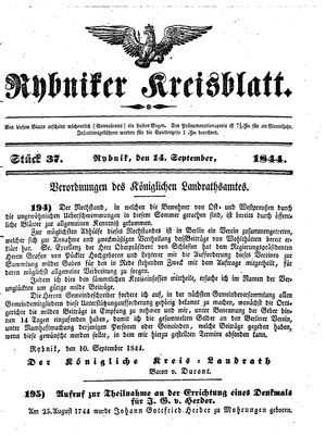 Rybniker Kreisblatt vom 14.09.1844