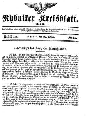 Rybniker Kreisblatt vom 22.03.1845