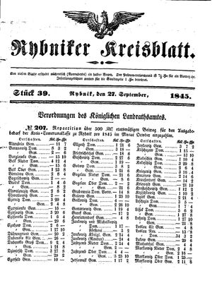 Rybniker Kreisblatt vom 27.09.1845