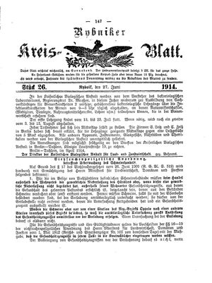 Rybniker Kreisblatt vom 27.06.1914