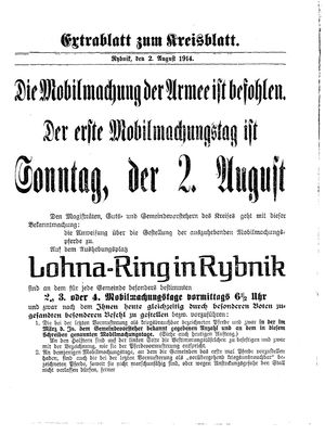 Rybniker Kreisblatt vom 02.08.1914