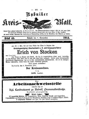 Rybniker Kreisblatt vom 07.11.1914