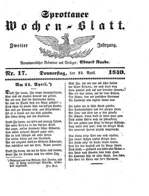 Sprottauer Wochenblatt vom 23.04.1840