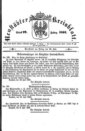Neustädter Kreisblatt vom 16.07.1852