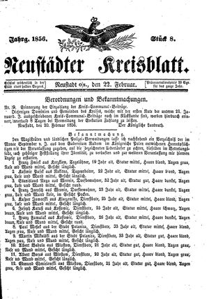 Neustädter Kreisblatt vom 22.02.1856