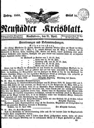 Neustädter Kreisblatt vom 21.04.1860
