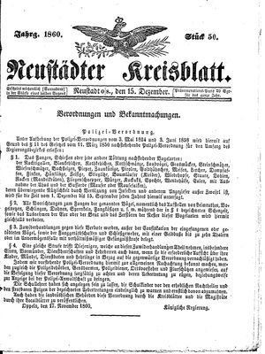 Neustädter Kreisblatt vom 15.12.1860