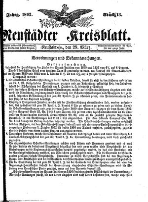 Neustädter Kreisblatt vom 29.03.1862