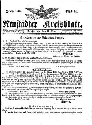 Neustädter Kreisblatt vom 14.06.1862