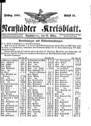 Neustädter Kreisblatt vom 25.03.1865