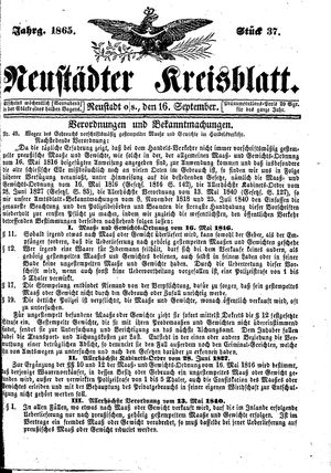 Neustädter Kreisblatt vom 16.09.1865
