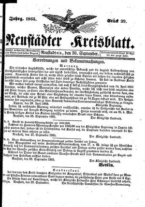 Neustädter Kreisblatt vom 30.09.1865