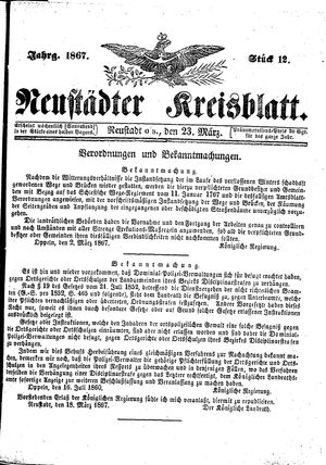 Neustädter Kreisblatt vom 23.03.1867