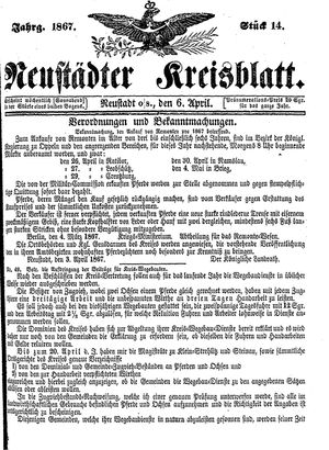 Neustädter Kreisblatt vom 06.04.1867