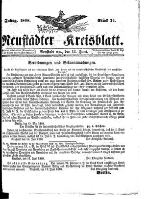 Neustädter Kreisblatt vom 13.06.1868