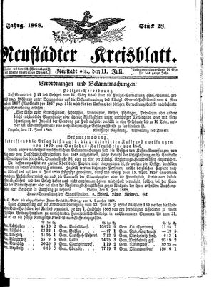 Neustädter Kreisblatt vom 11.07.1868