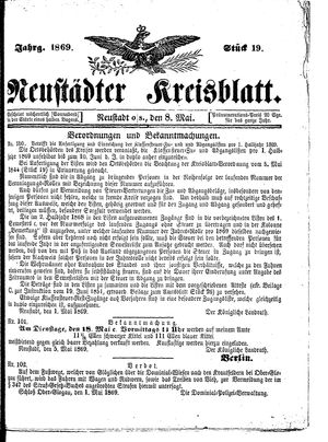Neustädter Kreisblatt on May 8, 1869
