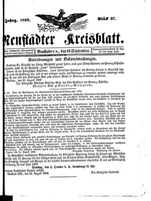 Neustädter Kreisblatt vom 11.09.1869