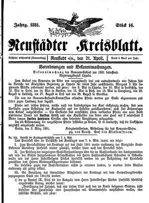 Neustädter Kreisblatt vom 21.04.1881