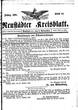 Neustädter Kreisblatt on Nov 3, 1881
