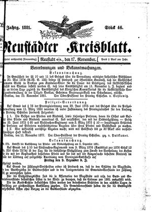 Neustädter Kreisblatt vom 17.11.1881