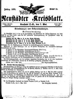 Neustädter Kreisblatt vom 07.05.1891