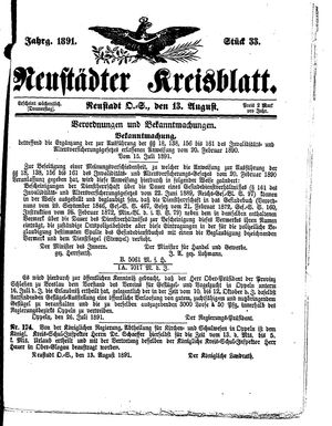 Neustädter Kreisblatt vom 13.08.1891