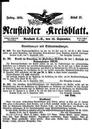 Neustädter Kreisblatt vom 10.09.1891