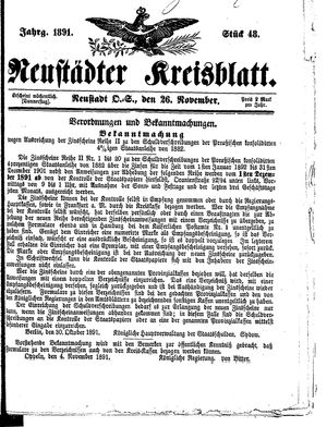Neustädter Kreisblatt vom 26.11.1891
