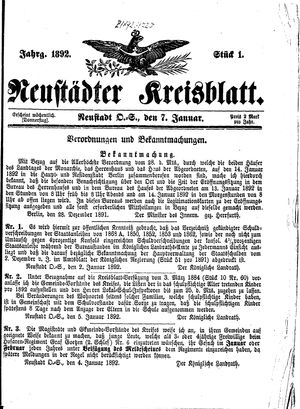 Neustädter Kreisblatt on Jan 7, 1892