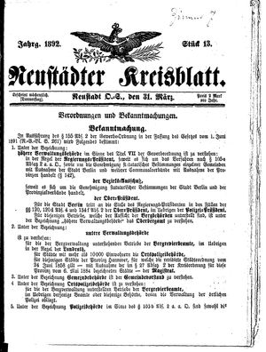 Neustädter Kreisblatt vom 31.03.1892