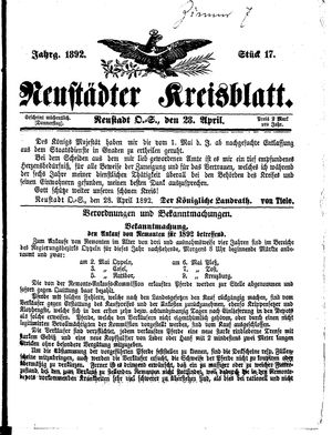 Neustädter Kreisblatt vom 28.04.1892