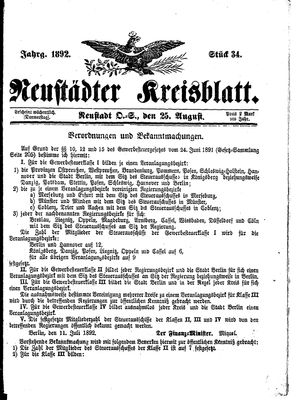 Neustädter Kreisblatt vom 25.08.1892
