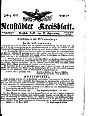 Neustädter Kreisblatt on Sep 29, 1892