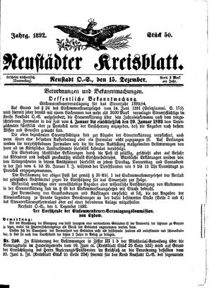 Neustädter Kreisblatt vom 15.12.1892