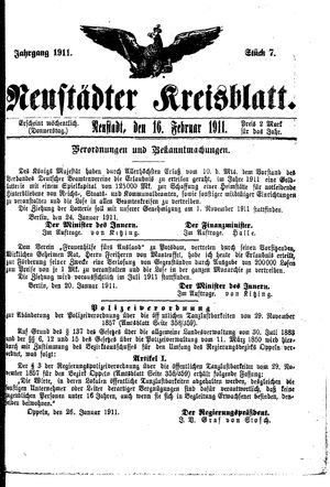 Neustädter Kreisblatt vom 16.02.1911
