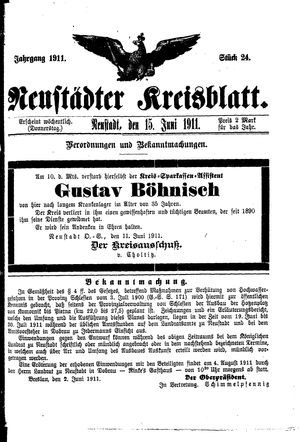 Neustädter Kreisblatt vom 15.06.1911
