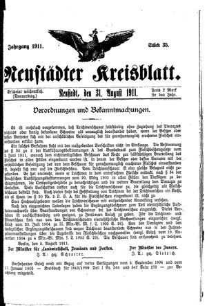 Neustädter Kreisblatt vom 31.08.1911