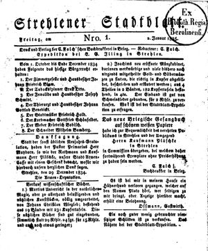 Strehlener Stadtblatt vom 02.01.1835