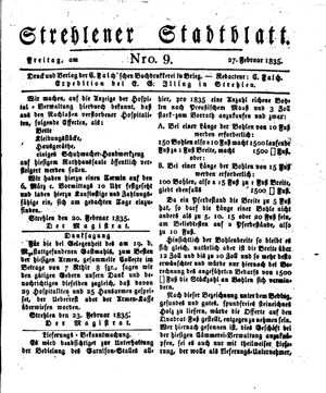 Strehlener Stadtblatt vom 27.02.1835