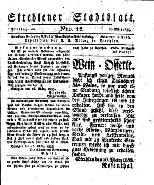 Strehlener Stadtblatt vom 20.03.1835