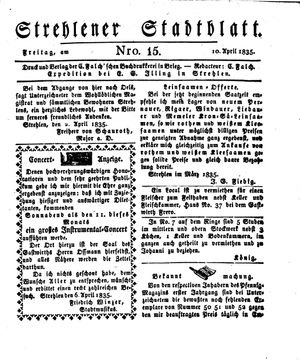 Strehlener Stadtblatt vom 10.04.1835