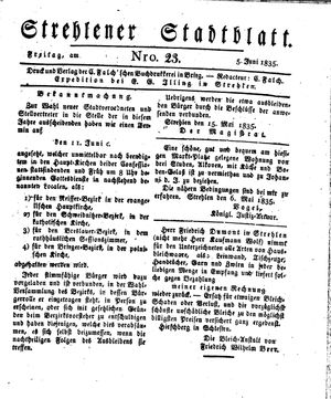 Strehlener Stadtblatt vom 05.06.1835